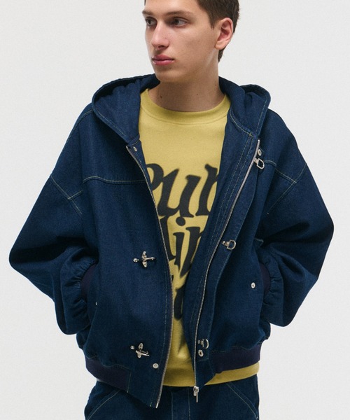 ILL'S（イルズ）の「FIREMAN HOOK DENIM HOODIE / ファイヤーマンフック デニムフーディー ブルゾン ショート丈 メンズ レディース ユニセックス（デニムジャケット・メンズ・ネイビー/ブラック・M/L）」の2枚目の写真