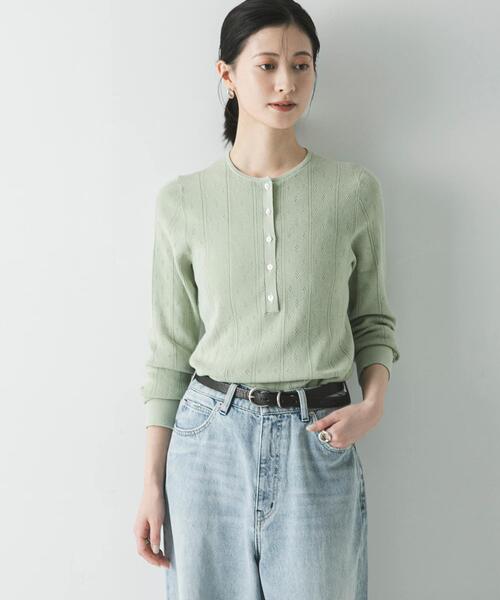 URBAN RESEARCH(アーバンリサーチ)の「パターンメッシュヘンリーネックニット(ニット/セーター・レディース・グレー/オフホワイト/ミント・FREE)」の1枚目の写真