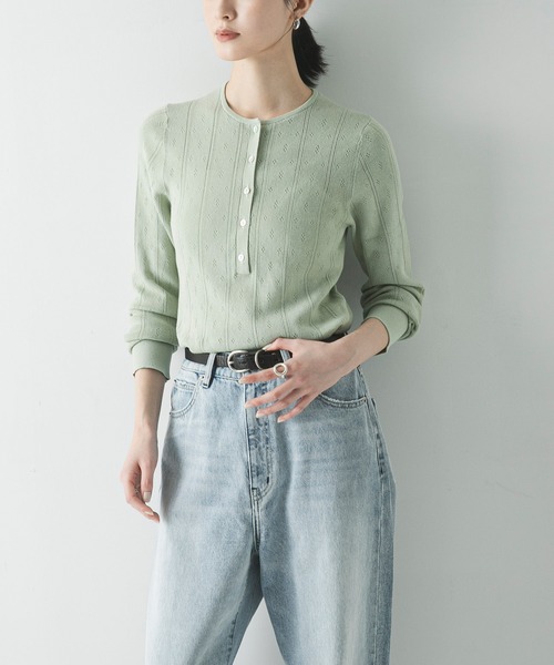 URBAN RESEARCH（アーバンリサーチ）の「パターンメッシュヘンリーネックニット（ニット/セーター・レディース・グレー/オフホワイト/ミント・FREE）」の19枚目の写真