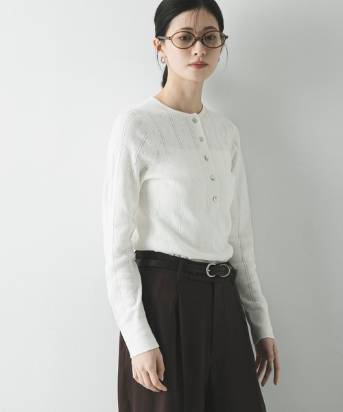 URBAN RESEARCH（アーバンリサーチ）の「パターンメッシュヘンリーネックニット（ニット/セーター・レディース・グレー/オフホワイト/ミント・FREE）」の4枚目の写真