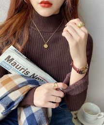 裏起毛リブニットトップス タートルネックニット ハイネックプルオーバー 厚手