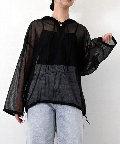 STYLEBLOCK(スタイルブロック)の「メッシュカットソーフーディプルオーバー(パーカー・レディース・ブラック/ホワイト/ベージュ・M)」の3枚目の写真