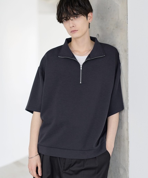 防シワ/抗ピリング ポンチ半袖ハーフジップ（Tシャツ/カットソー