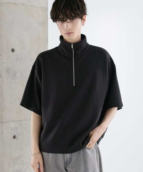 防シワ/抗ピリング ポンチ半袖ハーフジップ（Tシャツ/カットソー