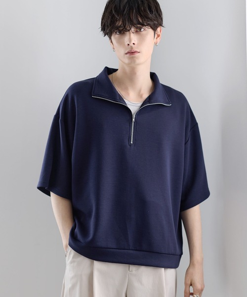 防シワ/抗ピリング ポンチ半袖ハーフジップ（Tシャツ/カットソー