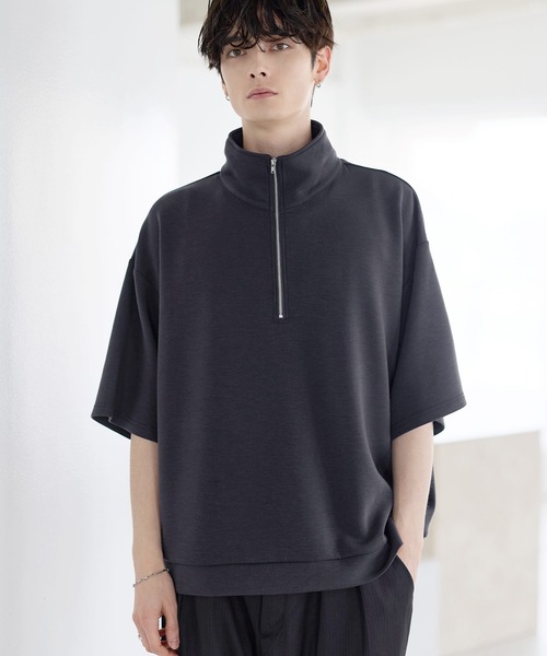防シワ/抗ピリング ポンチ半袖ハーフジップ（Tシャツ/カットソー