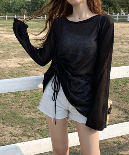 mielu(ミエル)の「シースルー長袖ルーズトップス(Tシャツ/カットソー・レディース・パープル/グリーン/ブラック・LARGE/MEDIUM)」の2枚目の写真