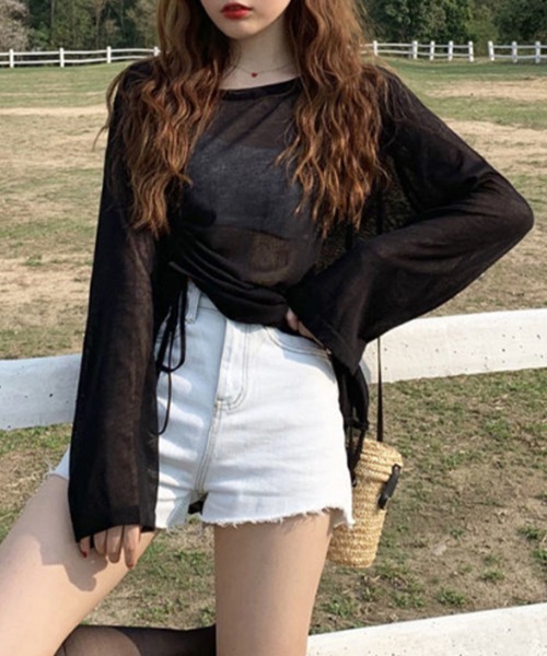 mielu(ミエル)の「シースルー長袖ルーズトップス(Tシャツ/カットソー・レディース・パープル/グリーン/ブラック・LARGE/MEDIUM)」の5枚目の写真