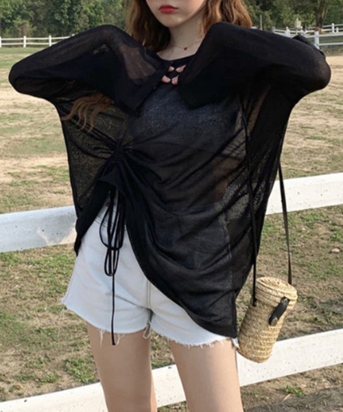 mielu(ミエル)の「シースルー長袖ルーズトップス(Tシャツ/カットソー・レディース・パープル/グリーン/ブラック・LARGE/MEDIUM)」の7枚目の写真