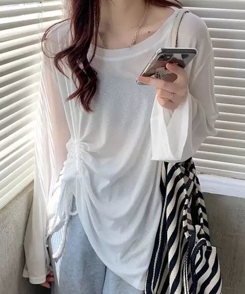 mielu(ミエル)の「シースルー長袖ルーズトップス(Tシャツ/カットソー・レディース・パープル/グリーン/ブラック・LARGE/MEDIUM)」の13枚目の写真