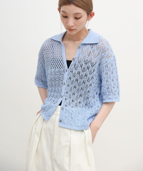 select MOCA(セレクトモカ)の「透かし編みアシンメトリーニット(ニット/セーター・レディース・ブルー/ホワイト/ブラック・FREE)」の1枚目の写真