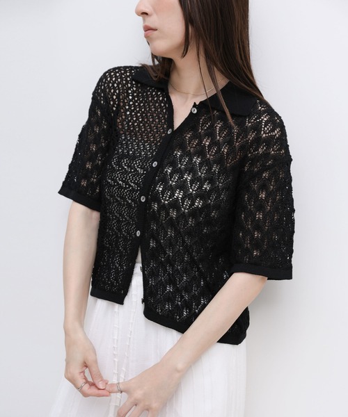 select MOCA(セレクトモカ)の「透かし編みアシンメトリーニット(ニット/セーター・レディース・ブルー/ホワイト/ブラック・FREE)」の3枚目の写真