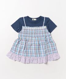 KP | 先染チェック レイヤード風 半袖チュニック(Tシャツ/カットソー)