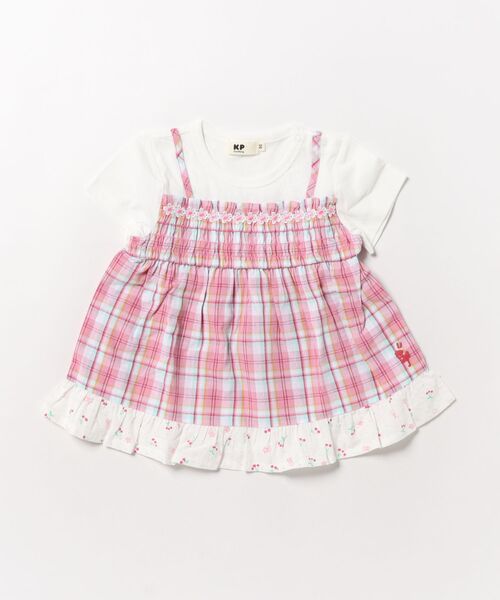 KP（ケーピー）の「先染チェック レイヤード風 半袖チュニック（Tシャツ/カットソー・キッズ・ピンク/ラベンダー・100cm/110cm/120cm/130cm/90cm）」の2枚目の写真