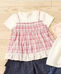 KP（ケーピー）の「先染チェック レイヤード風 半袖チュニック（Tシャツ/カットソー）」