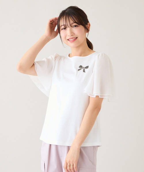 Rose Tiara（ローズティアラ）の「【接触冷感/綿100%】リボンワッペンフレア袖カットソー（Tシャツ/カットソー・レディース・ネイビー/ピンク/グリーン/オフホワイト・38/42/46）」の2枚目の写真