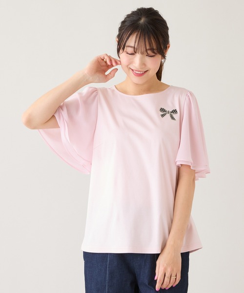 Rose Tiara（ローズティアラ）の「【接触冷感/綿100%】リボンワッペンフレア袖カットソー（Tシャツ/カットソー・レディース・ネイビー/ピンク/グリーン/オフホワイト・38/42/46）」の4枚目の写真