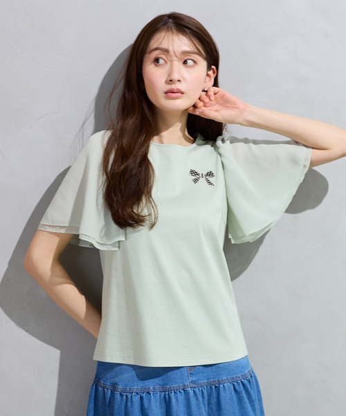 接触冷感/綿100%】リボンワッペンフレア袖カットソー（Tシャツ