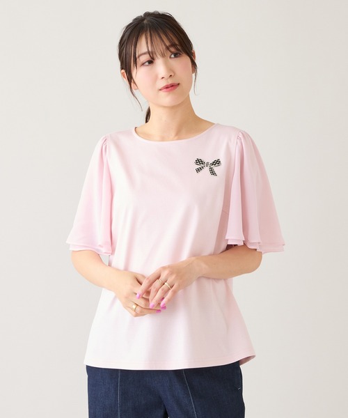 Rose Tiara（ローズティアラ）の「【接触冷感/綿100%】リボンワッペンフレア袖カットソー（Tシャツ/カットソー・レディース・ネイビー/ピンク/グリーン/オフホワイト・38/42/46）」の22枚目の写真