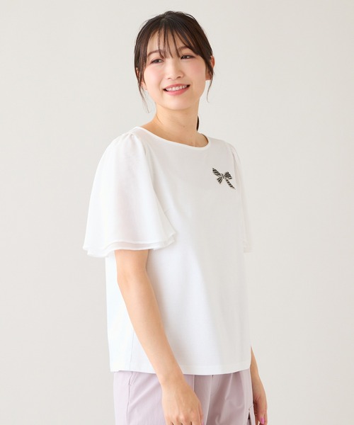 Rose Tiara（ローズティアラ）の「【接触冷感/綿100%】リボンワッペンフレア袖カットソー（Tシャツ/カットソー・レディース・ネイビー/ピンク/グリーン/オフホワイト・38/42/46）」の17枚目の写真