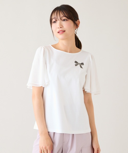 Rose Tiara（ローズティアラ）の「【接触冷感/綿100%】リボンワッペンフレア袖カットソー（Tシャツ/カットソー・レディース・ネイビー/ピンク/グリーン/オフホワイト・38/42/46）」の18枚目の写真