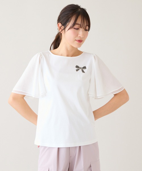 Rose Tiara（ローズティアラ）の「【接触冷感/綿100%】リボンワッペンフレア袖カットソー（Tシャツ/カットソー・レディース・ネイビー/ピンク/グリーン/オフホワイト・38/42/46）」の19枚目の写真