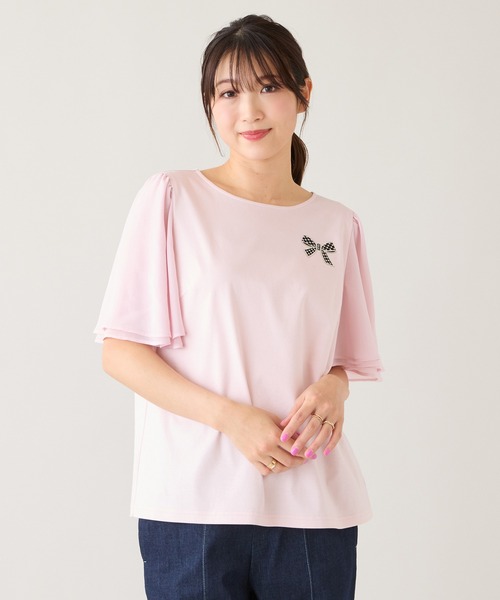Rose Tiara（ローズティアラ）の「【接触冷感/綿100%】リボンワッペンフレア袖カットソー（Tシャツ/カットソー・レディース・ネイビー/ピンク/グリーン/オフホワイト・38/42/46）」の20枚目の写真