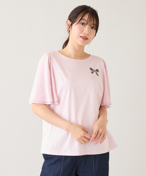 Rose Tiara（ローズティアラ）の「【接触冷感/綿100%】リボンワッペンフレア袖カットソー（Tシャツ/カットソー・レディース・ネイビー/ピンク/グリーン/オフホワイト・38/42/46）」の21枚目の写真