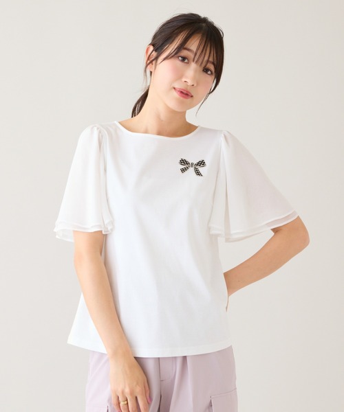 Rose Tiara（ローズティアラ）の「【接触冷感/綿100%】リボンワッペンフレア袖カットソー（Tシャツ/カットソー・レディース・ネイビー/ピンク/グリーン/オフホワイト・38/42/46）」の16枚目の写真
