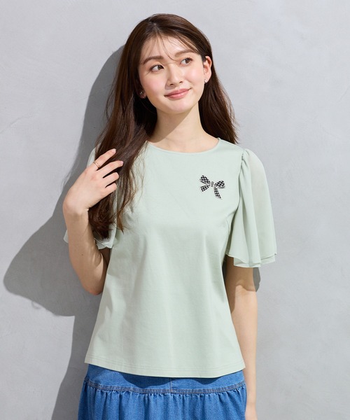 Rose Tiara（ローズティアラ）の「【接触冷感/綿100%】リボンワッペンフレア袖カットソー（Tシャツ/カットソー・レディース・ネイビー/ピンク/グリーン/オフホワイト・38/42/46）」の5枚目の写真