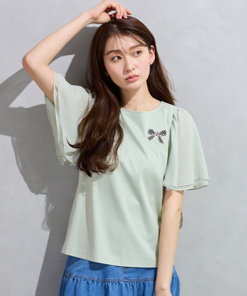 Rose Tiara（ローズティアラ）の「【接触冷感/綿100%】リボンワッペンフレア袖カットソー（Tシャツ/カットソー・レディース・ネイビー/ピンク/グリーン/オフホワイト・38/42/46）」の7枚目の写真