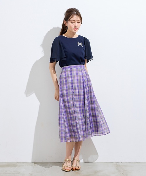 Rose Tiara（ローズティアラ）の「【接触冷感/綿100%】リボンワッペンフレア袖カットソー（Tシャツ/カットソー・レディース・ネイビー/ピンク/グリーン/オフホワイト・38/42/46）」の9枚目の写真