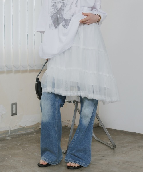 Chick（チック）の「Elastic-Waist Gathered A-Line Lace Skirt / ウエストゴム付き ギャザーデザイン Aライン レーススカート 2026年春夏（スカート・レディース・ホワイト/チャコールグレー・FREE）」の8枚目の写真