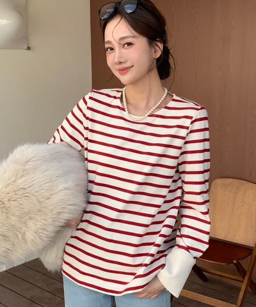 BIRTHDAY BASH(バースデイバッシュ)の「CUFFS BORDER TOPS(Tシャツ/カットソー・レディース・ブラック/レッド・FREE)」の1枚目の写真