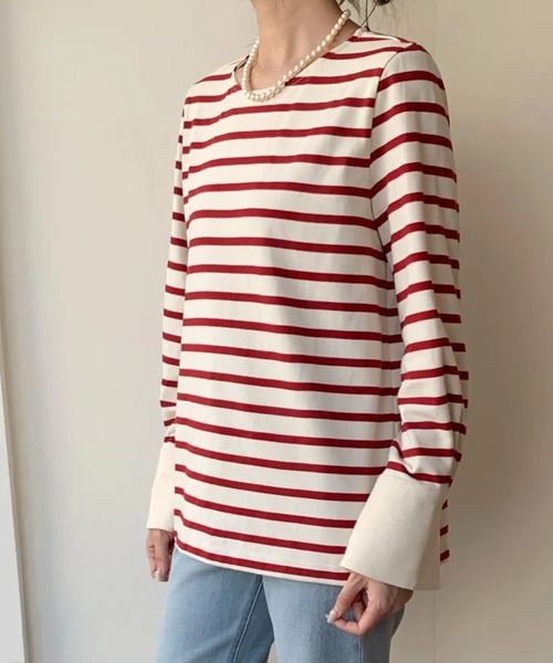 BIRTHDAY BASH(バースデイバッシュ)の「CUFFS BORDER TOPS(Tシャツ/カットソー・レディース・ブラック/レッド・FREE)」の4枚目の写真