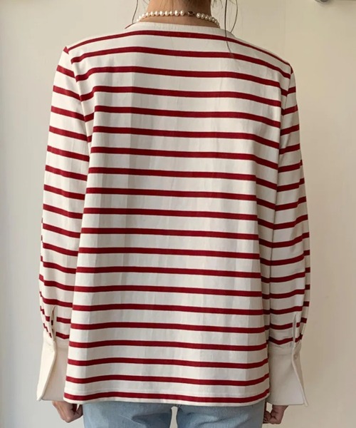 BIRTHDAY BASH(バースデイバッシュ)の「CUFFS BORDER TOPS(Tシャツ/カットソー・レディース・ブラック/レッド・FREE)」の5枚目の写真