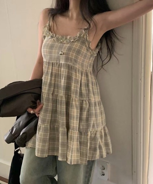 GEMEDA(ジェメダ)の「チェック柄 ティアードキャミミニワンピース(ワンピース・レディース・イエロー/ブルー/ピンク・M)」の1枚目の写真