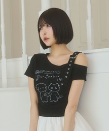 rumnel:（ルムネル）の「落書きデザインワンショルTシャツ / Graffiti Design One-Shoulder T-Shirt（Tシャツ/カットソー）」