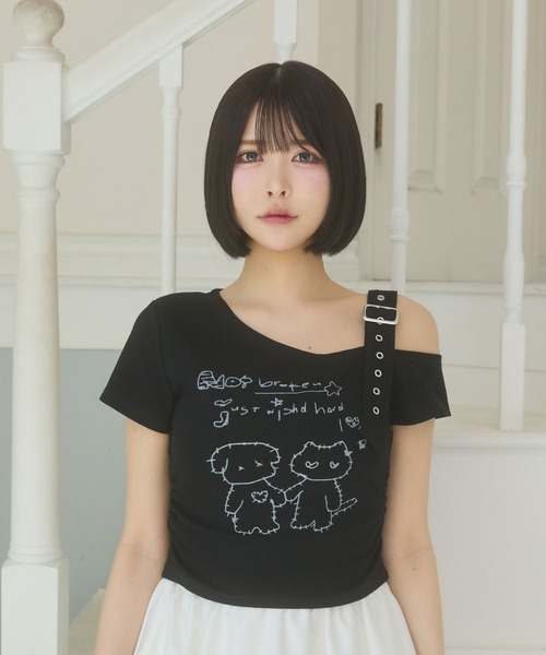 rumnel:（ルムネル）の「落書きデザインワンショルTシャツ / Graffiti Design One-Shoulder T-Shirt（Tシャツ/カットソー・レディース・ブラック/ブルー・FREE）」の5枚目の写真