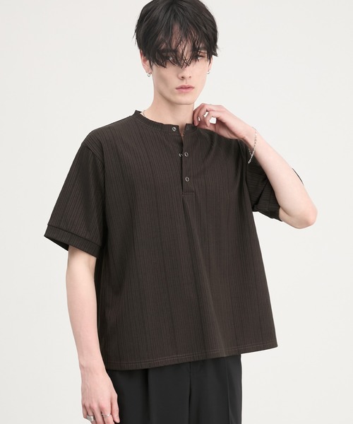 CIYOT(シヨウト)の「【CIYOT】テレコリブ ヘンリーネック 半袖 Tシャツ(Tシャツ/カットソー・メンズ・ダークグレー/ダークブラウン/ライトブルー/ブラック/ダークネイビー/オフホワイト・S/L/M)」の4枚目の写真