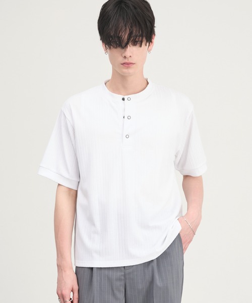 CIYOT(シヨウト)の「【CIYOT】テレコリブ ヘンリーネック 半袖 Tシャツ(Tシャツ/カットソー・メンズ・ダークグレー/ダークブラウン/ライトブルー/ブラック/ダークネイビー/オフホワイト・S/L/M)」の1枚目の写真