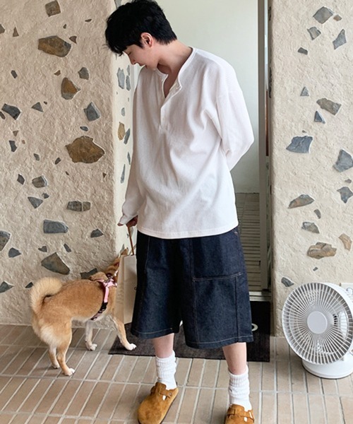 NOWLE（ノウル）の「【NOWLE】ヘンリーネック ワッフル ルーズ ロンT / ライトサーマル カットソー（Tシャツ/カットソー・メンズ・ブラック/ホワイト・MEDIUM/LARGE/X-LARGE）」の9枚目の写真