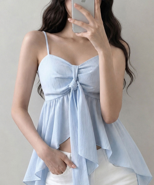 VIVID LADY(ビビッドレディー)の「リボン アシンメトリー ペプラムキャミソールトップス(シャツ/ブラウス・レディース・ブラック/ライトブルー/ホワイト/クリーム・FREE)」の1枚目の写真