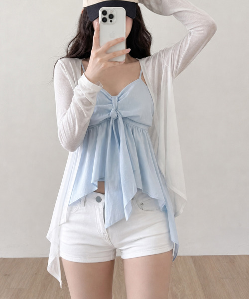VIVID LADY(ビビッドレディー)の「リボン アシンメトリー ペプラムキャミソールトップス(シャツ/ブラウス・レディース・ブラック/ライトブルー/ホワイト/クリーム・FREE)」の10枚目の写真