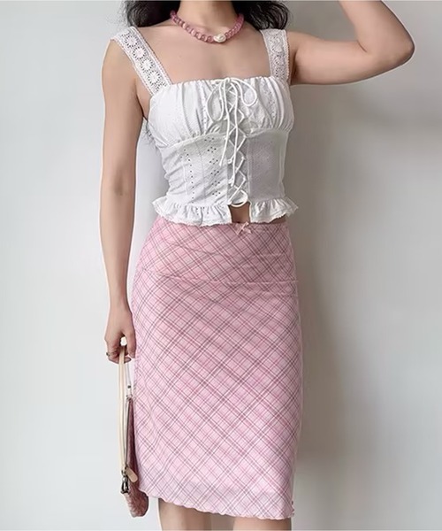 AsheKsha(アシクシャ)の「甘い風のピンクチェック柄チュールスカート(スカート・レディース・ピンク・F)」の10枚目の写真