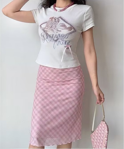 AsheKsha(アシクシャ)の「甘い風のピンクチェック柄チュールスカート(スカート・レディース・ピンク・F)」の8枚目の写真