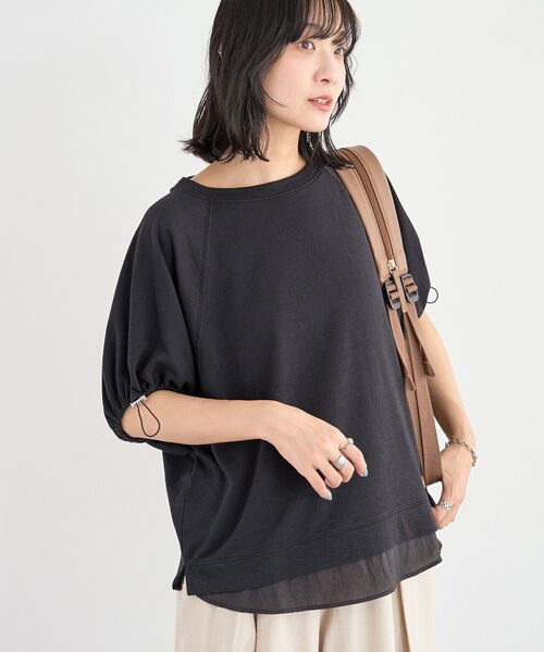 Green　Parks（グリーンパークス）の「袖ドロストシアー裏毛ドッキングプルオーバー（Tシャツ/カットソー・レディース・杢グレー/ブルー/オフホワイト/ブラック・FREE）」の3枚目の写真
