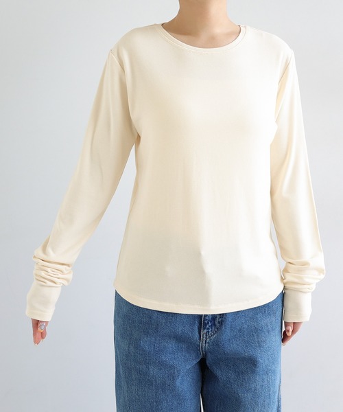 andme(アンドミー)の「【選べるネックデザイン】フライス長袖トップス(Tシャツ/カットソー・レディース・サックスブルー系/アイボリー系/ブラック系/ブラック/アイボリー/サックスブルー・FREE)」の7枚目の写真
