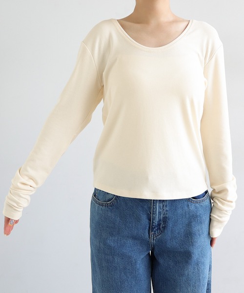 andme(アンドミー)の「【選べるネックデザイン】フライス長袖トップス(Tシャツ/カットソー・レディース・サックスブルー系/アイボリー系/ブラック系/ブラック/アイボリー/サックスブルー・FREE)」の13枚目の写真