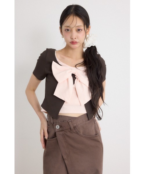 rienda(リエンダ)の「フロントリボンカットトップス 夏服 秋服(Tシャツ/カットソー・レディース・グレー/ブラウン/ブラック・FREE)」の6枚目の写真